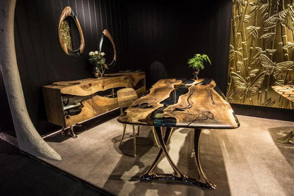 Custom epoxy resin dining room table with walnut wood and rose gold aluminum legs