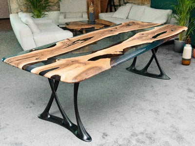 Custom epoxy resin dining room table with walnut wood and rose gold aluminum legs