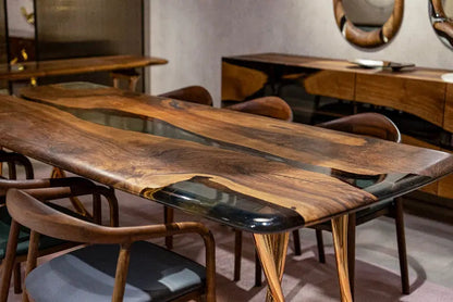 Custom epoxy resin dining room table with walnut wood and rose gold aluminum legs