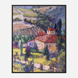 Impressionist-style painting of a vineyard landscape featuring a stone house with red-tiled roof surrounded by green trees and rolling hills under a cloudy sky.