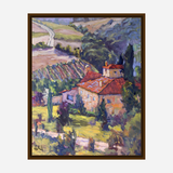 Impressionistic painting of a Tuscan-style house with red tile roof surrounded by green trees, gardens, and vineyard rows on rolling hills under a soft light.