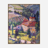 Impressionistic painting of a vineyard landscape featuring a terracotta-roofed stone house surrounded by green shrubbery and winding paths under a lavender-blue sky.
