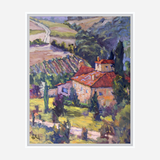 Impressionist-style painting of a countryside villa with red-tiled roofs surrounded by green trees and vineyards under a soft, colorful sky.