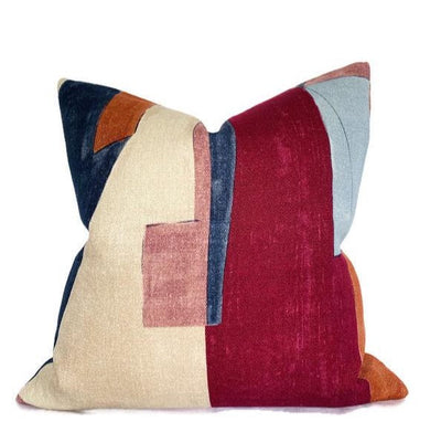 District Pillow Cover in Claret with abstract pattern on front and ivory linen back