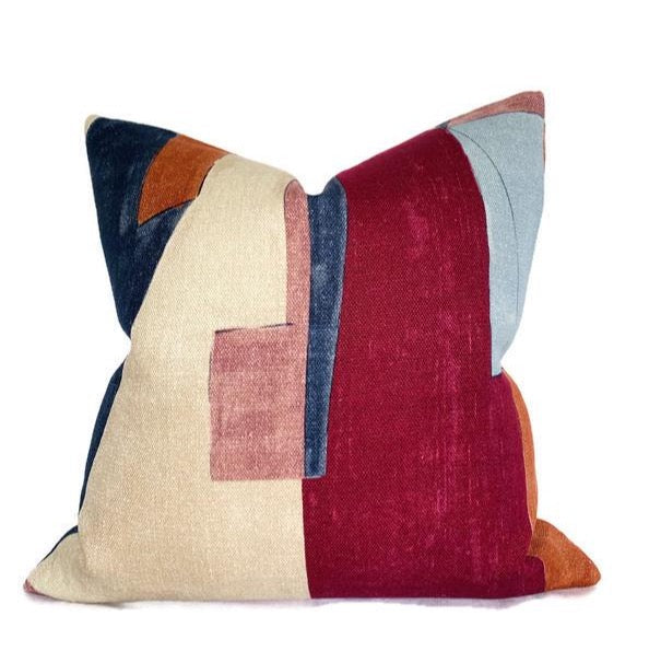 District Pillow Cover in Claret with abstract pattern on front and ivory linen back