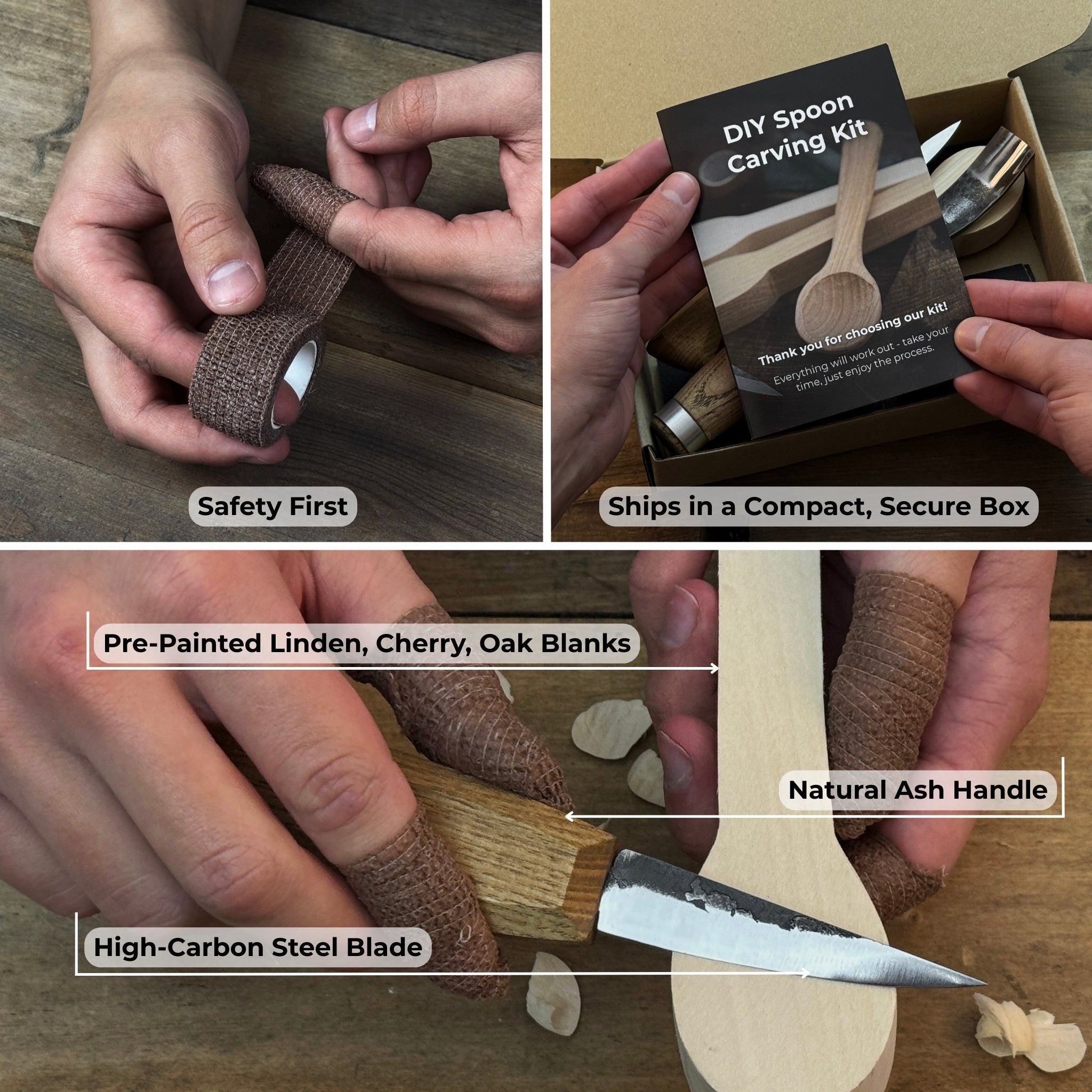 DIY 3-piece spoon carving kit with linden, cherry, and oak wood blanks and hand-forged carving tools