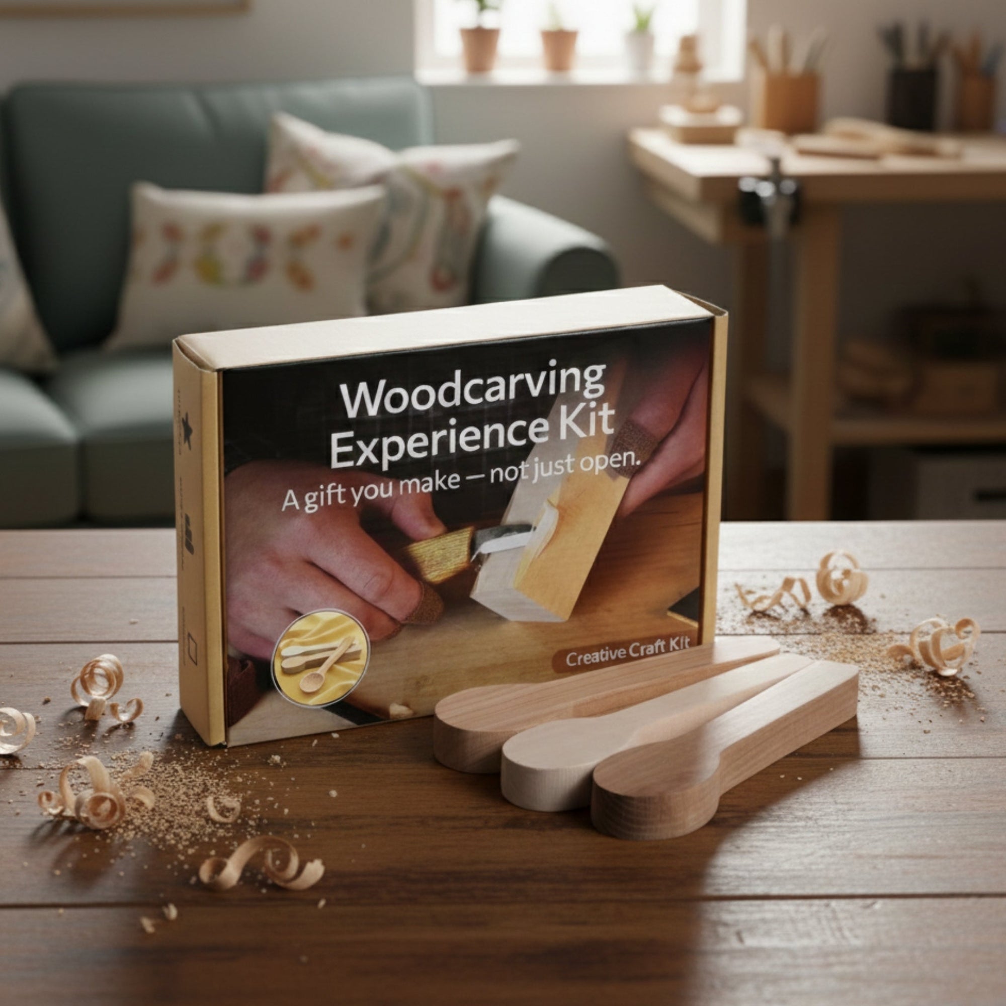 DIY 3-piece spoon carving kit with linden, cherry, and oak wood blanks and hand-forged carving tools