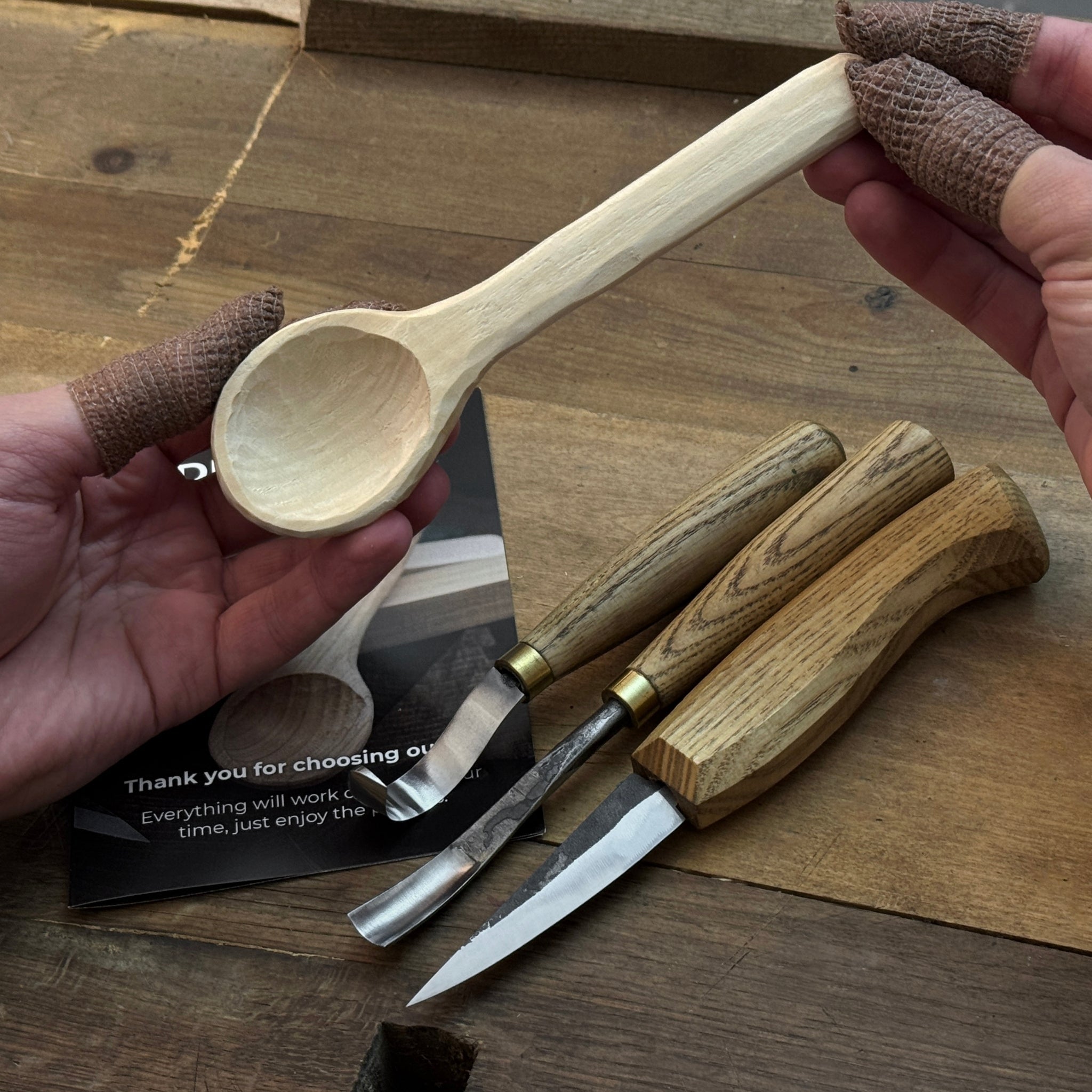 DIY 3-Piece Spoon Carving Kit with wood blanks and hand-forged carving tools