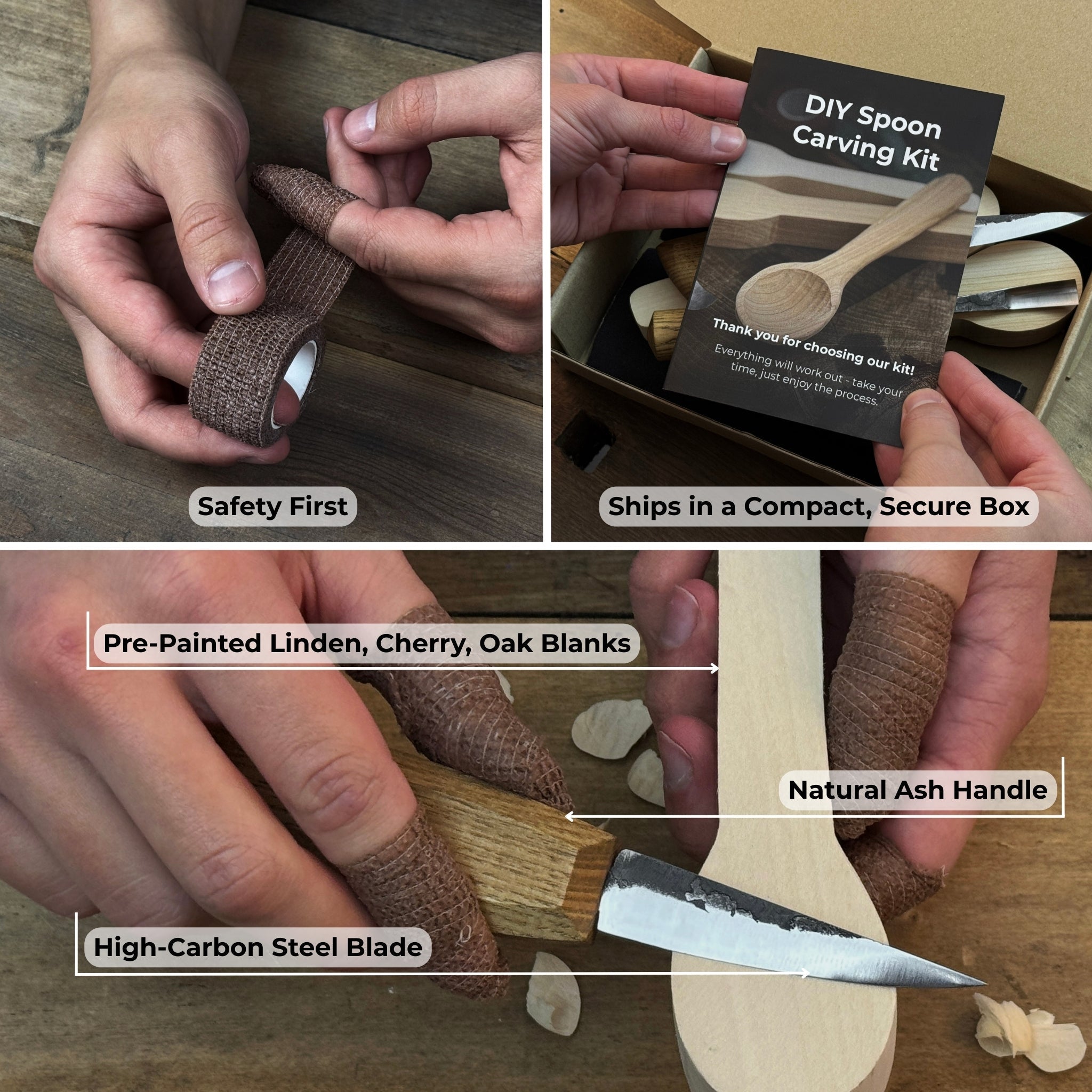 DIY 3-Piece Spoon Carving Kit with wood blanks and hand-forged carving tools