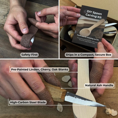 DIY 3-Piece Spoon Carving Kit with wood blanks and hand-forged carving tools