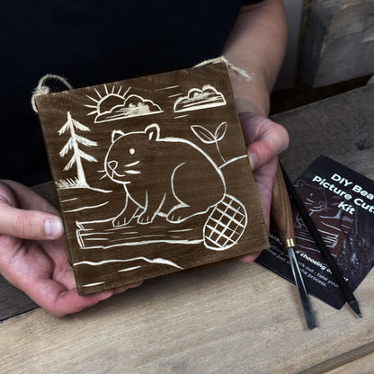 DIY Beaver Carving Kit with V-shaped chisel, pre-painted wood board, and video guide