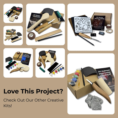 DIY Beaver Carving Kit with V-shaped chisel, pre-painted wood board, and video guide
