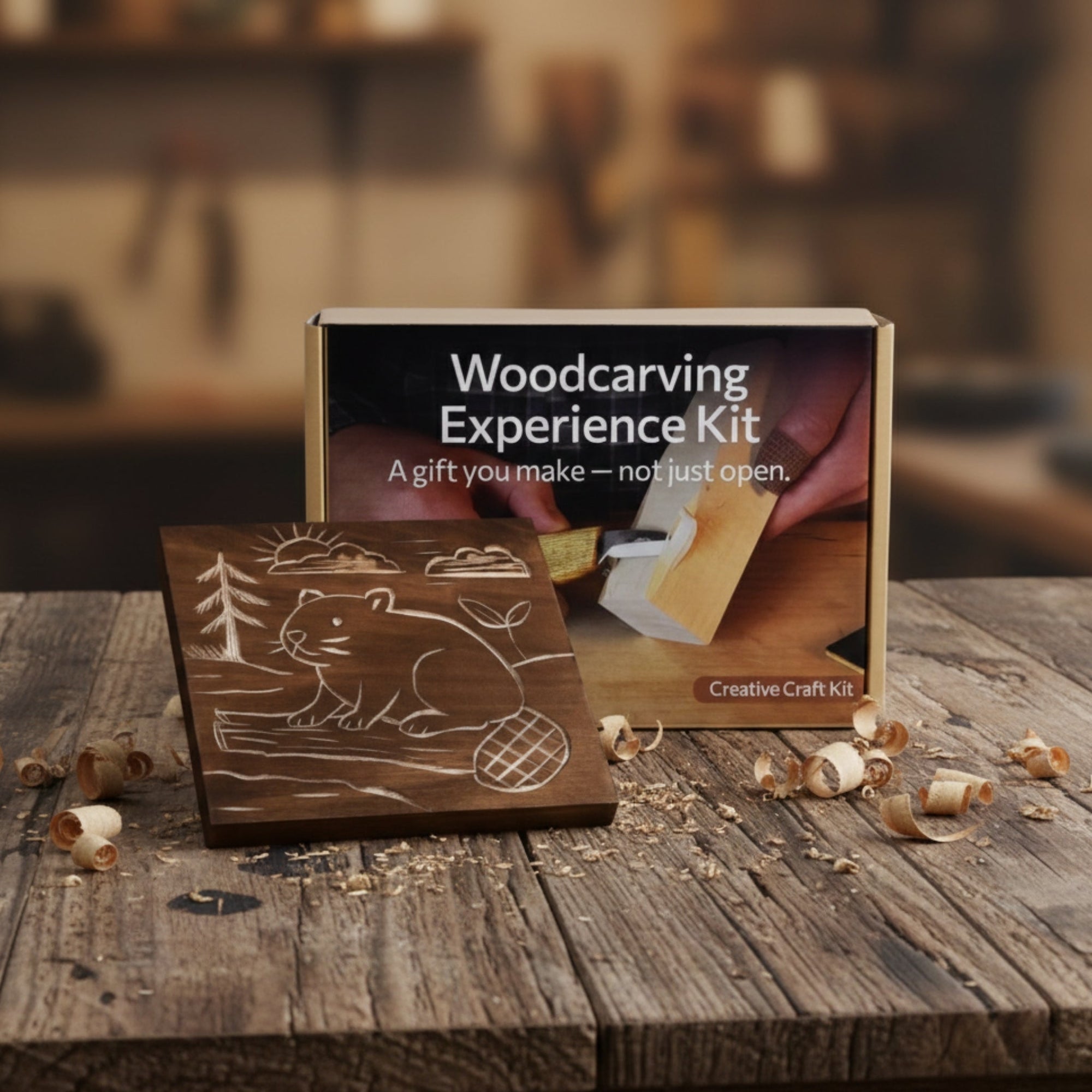 DIY Beaver Carving Kit with V-shaped chisel, pre-painted wood board, and video guide
