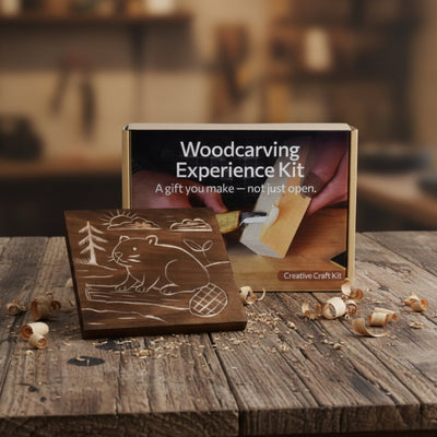 DIY Beaver Carving Kit with V-shaped chisel, pre-painted wood board, and video guide