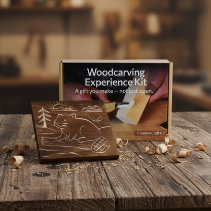 DIY Beaver Carving Kit with V-shaped chisel, pre-painted wood board, and video guide