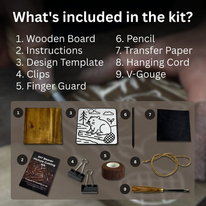 DIY Beaver Carving Kit with V-shaped chisel, pre-painted wood board, and video guide