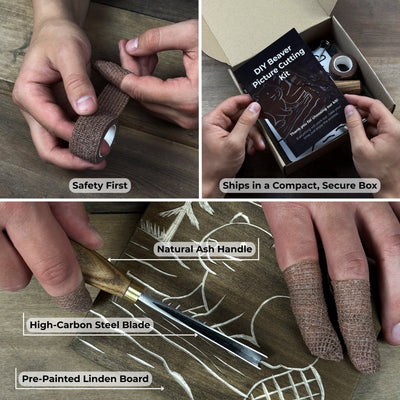 DIY Beaver Carving Kit with V-shaped chisel, pre-painted wood board, and video guide