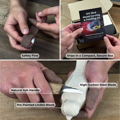 DIY Bird Wood Carving and Painting Kit with tools, wood blocks, paint set, and instructional video by Sharky Forged Steel Tools