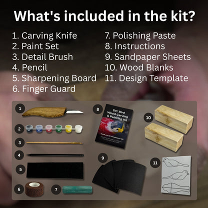 DIY Bird Wood Carving and Painting Kit with tools, wood blocks, paint set, and instructional video by Sharky Forged Steel Tools
