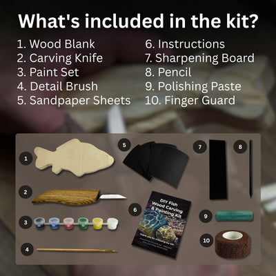 DIY Fish Wood Carving and Painting Kit with tools, pre-cut wood fish, paints, and tutorial