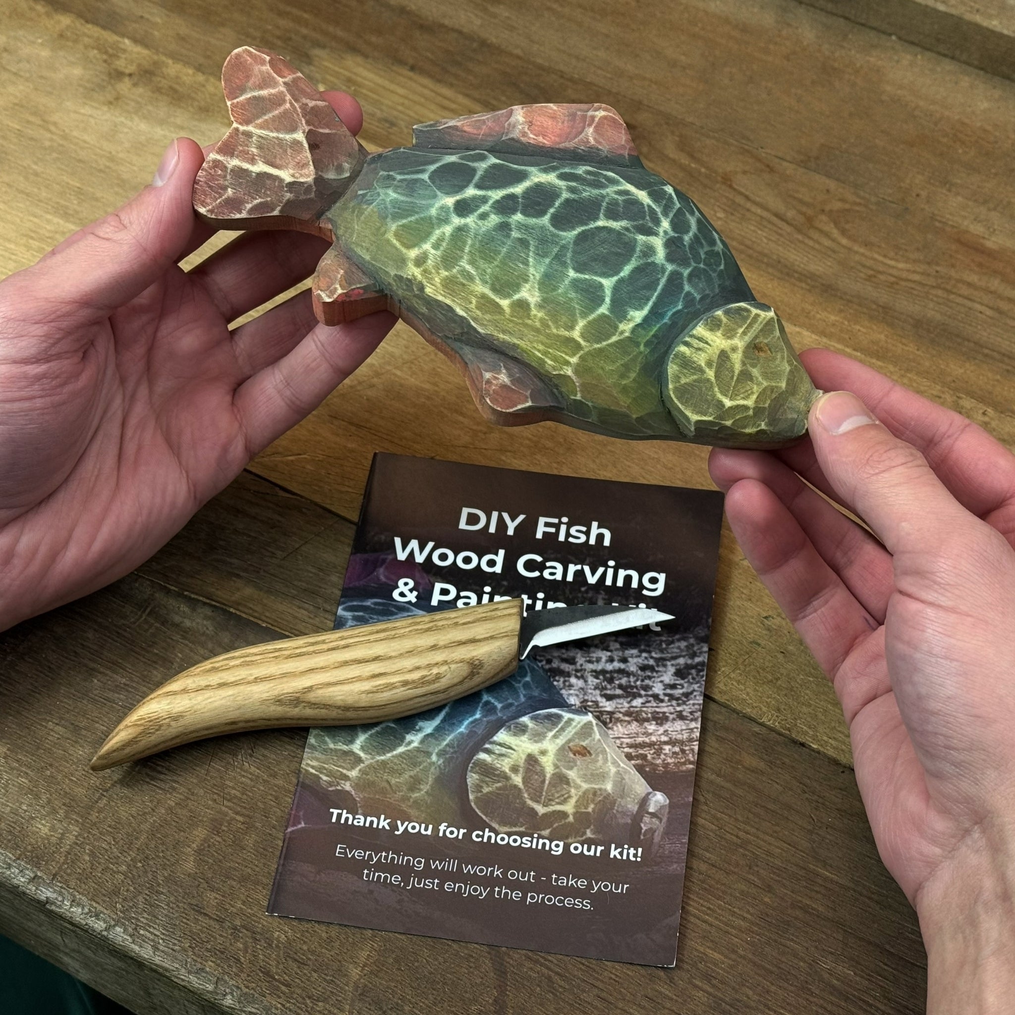 DIY Fish Wood Carving and Painting Kit with tools, pre-cut wood fish, paints, and tutorial
