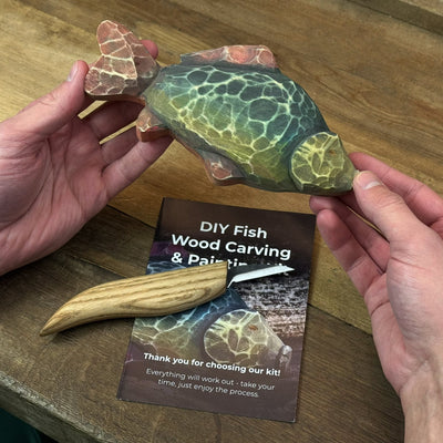 DIY Fish Wood Carving and Painting Kit with tools, pre-cut wood fish, paints, and tutorial