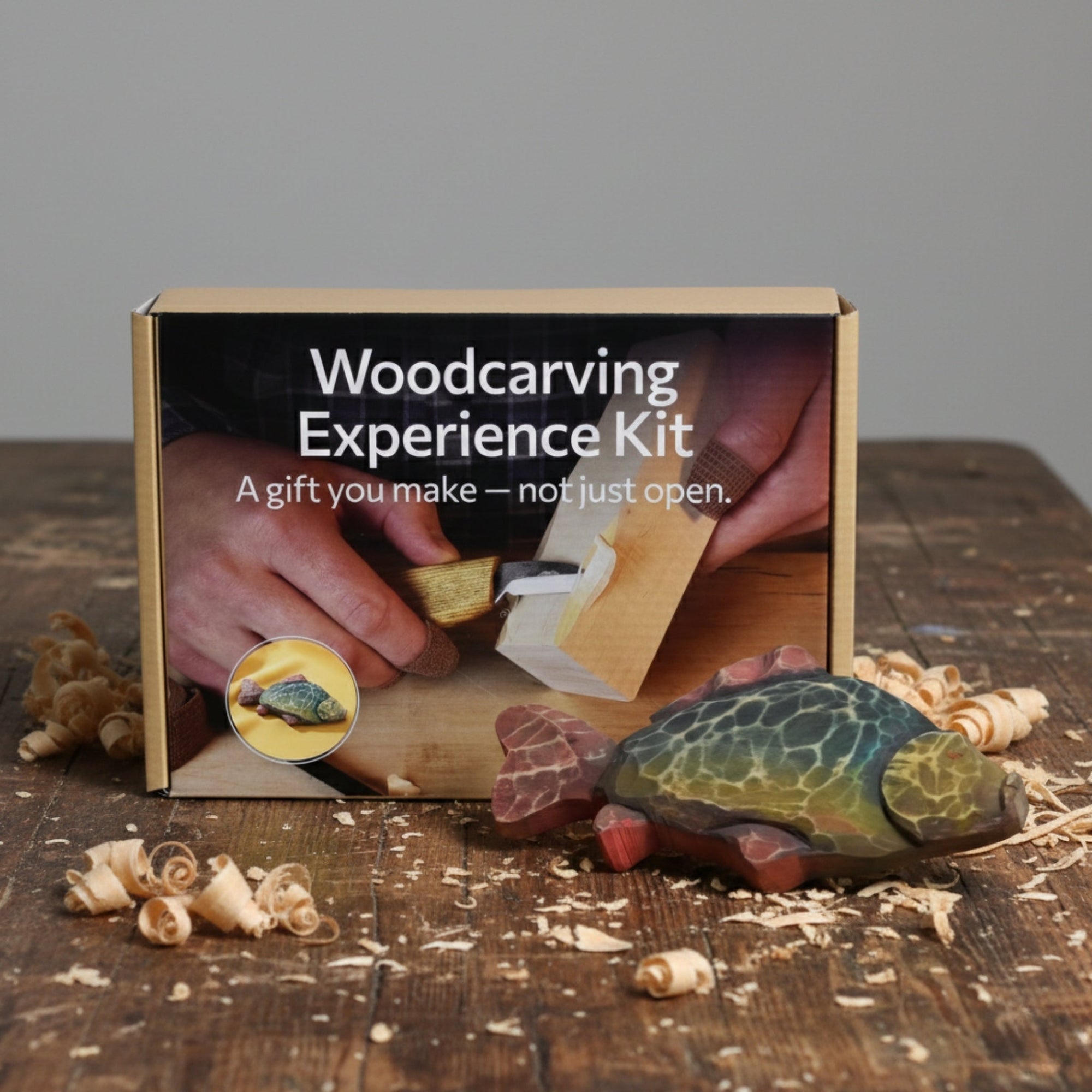 DIY Fish Wood Carving and Painting Kit with tools, pre-cut wood fish, paints, and tutorial