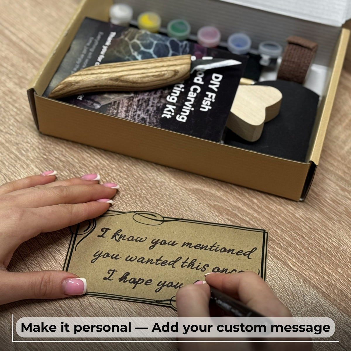 DIY Fish Wood Carving and Painting Kit with tools, pre-cut wood fish, paints, and tutorial
