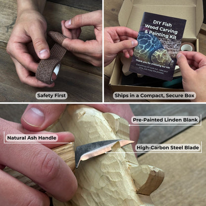 DIY Fish Wood Carving and Painting Kit with tools, pre-cut wood fish, paints, and tutorial