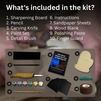 DIY Glove Wood Carving & Painting Kit with carving knife, wooden glove blank, paint set, and tutorial materials