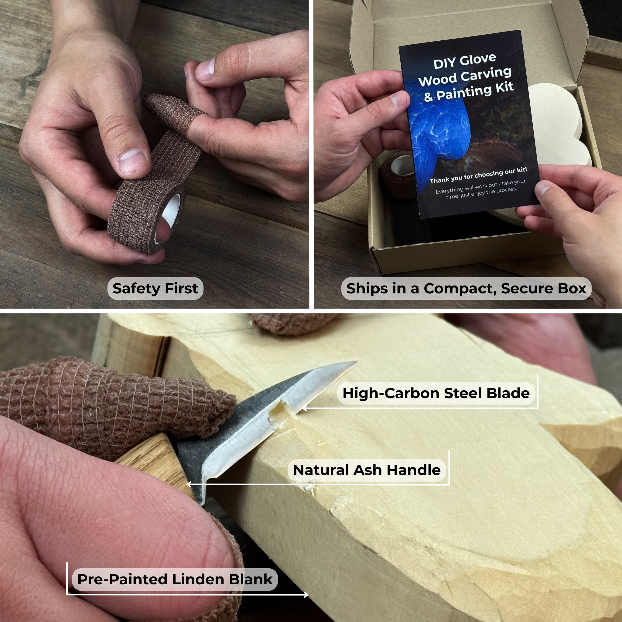 DIY Glove Wood Carving & Painting Kit with carving knife, wooden glove blank, paint set, and tutorial materials