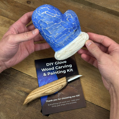 DIY Glove Wood Carving & Painting Kit with carving knife, wooden glove blank, paint set, and tutorial materials