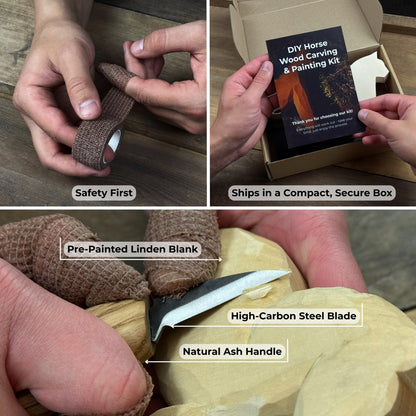 DIY Horse Wood Carving and Painting Kit with carving knife, wooden horse blank, paints, and brushes