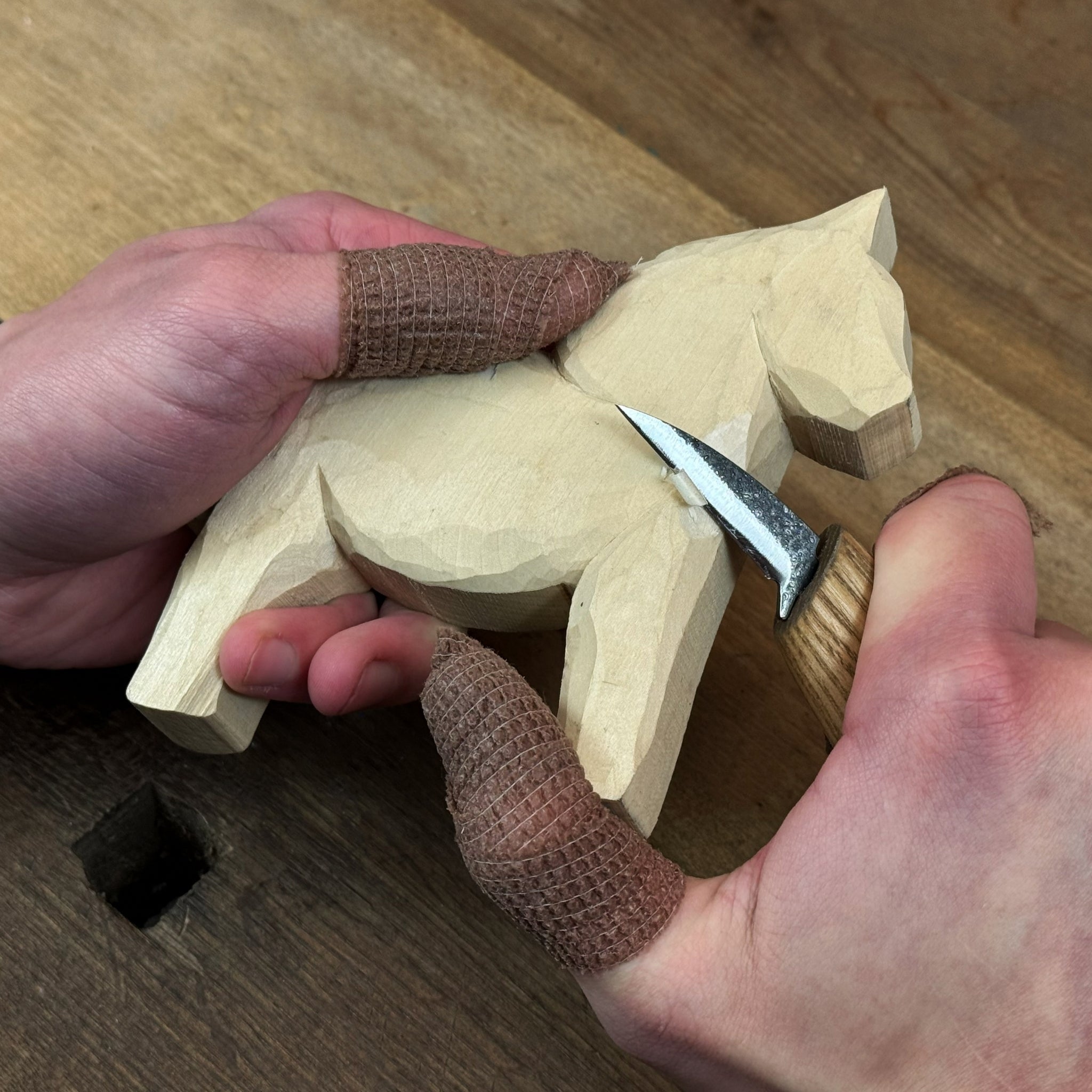 DIY Horse Wood Carving and Painting Kit with carving knife, wooden horse blank, paints, and brushes