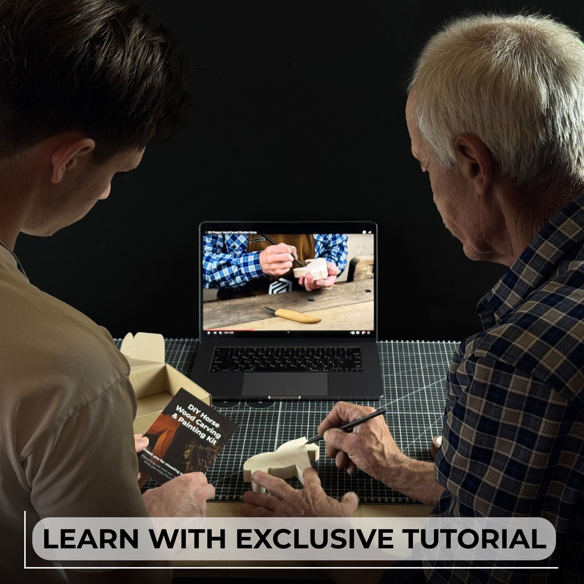 DIY Horse Wood Carving and Painting Kit with carving knife, wooden horse blank, paints, and brushes
