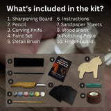 DIY Horse Wood Carving and Painting Kit with carving knife, wooden horse blank, paints, and brushes