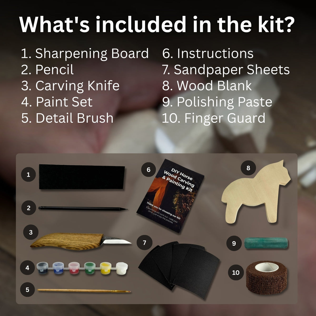 DIY Horse Wood Carving and Painting Kit with carving knife, wooden horse blank, paints, and brushes