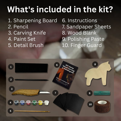 DIY Horse Wood Carving and Painting Kit with carving knife, wooden horse blank, paints, and brushes