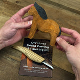 DIY Horse Wood Carving and Painting Kit with carving knife, wooden horse blank, paints, and brushes