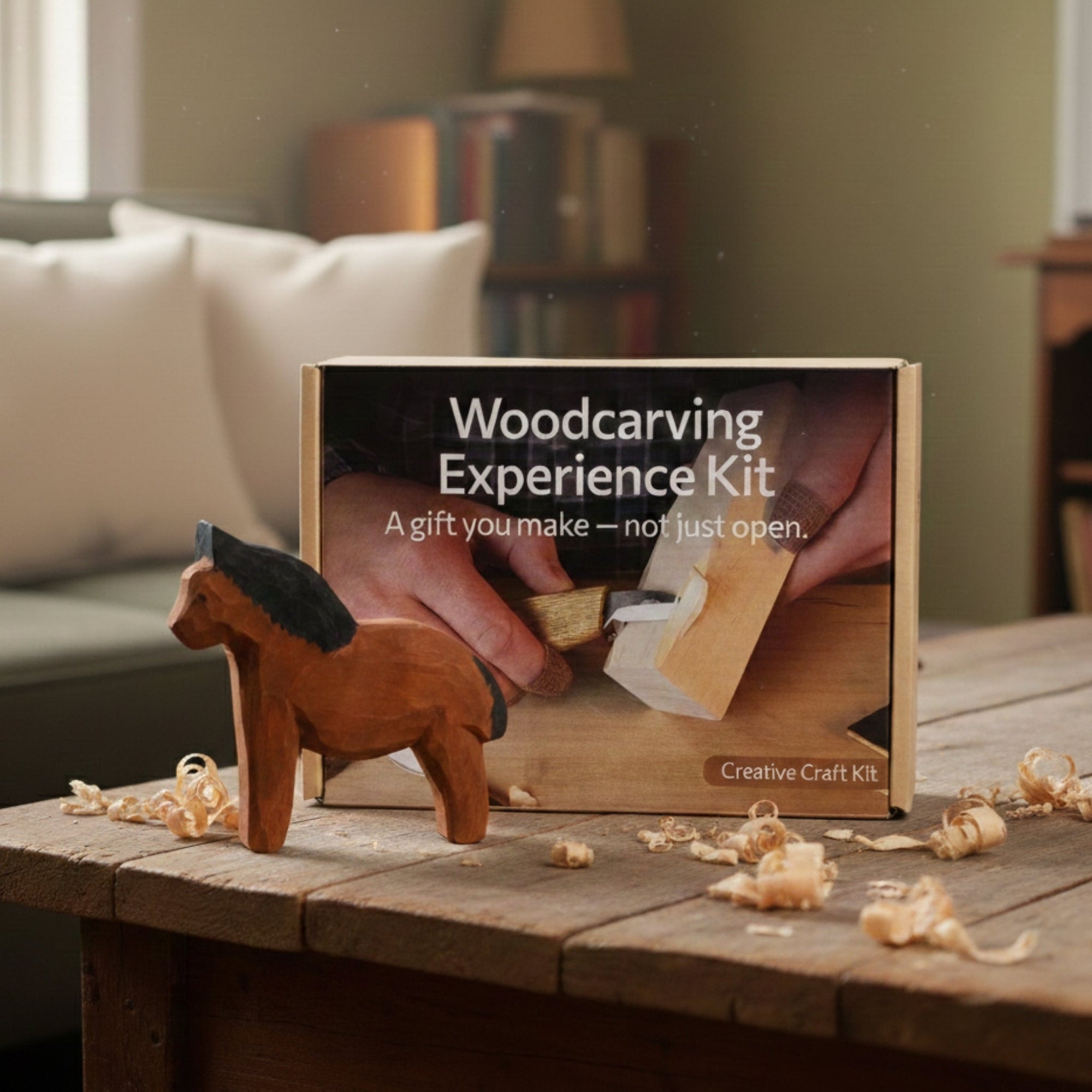 DIY Horse Wood Carving and Painting Kit with carving knife, wooden horse blank, paints, and brushes