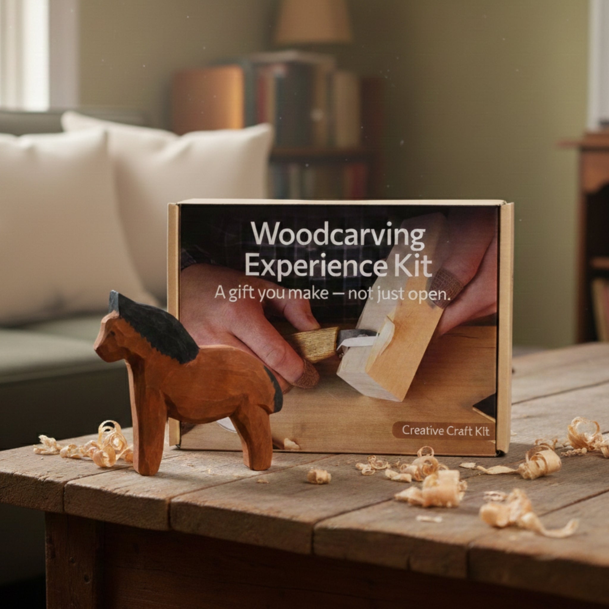 DIY Horse Wood Carving and Painting Kit with carving knife, wooden horse blank, paints, and brushes