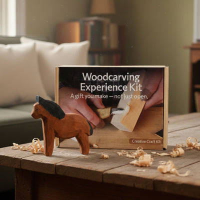 DIY Horse Wood Carving and Painting Kit with carving knife, wooden horse blank, paints, and brushes