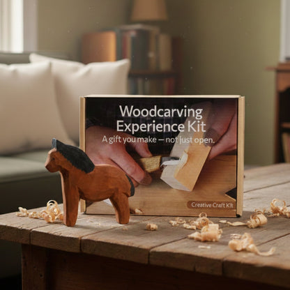 DIY Horse Wood Carving and Painting Kit with carving knife, wooden horse blank, paints, and brushes