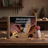 DIY Mushroom Wood Carving & Painting Kit with wooden blank, carving knife, paints, brushes, and tutorial