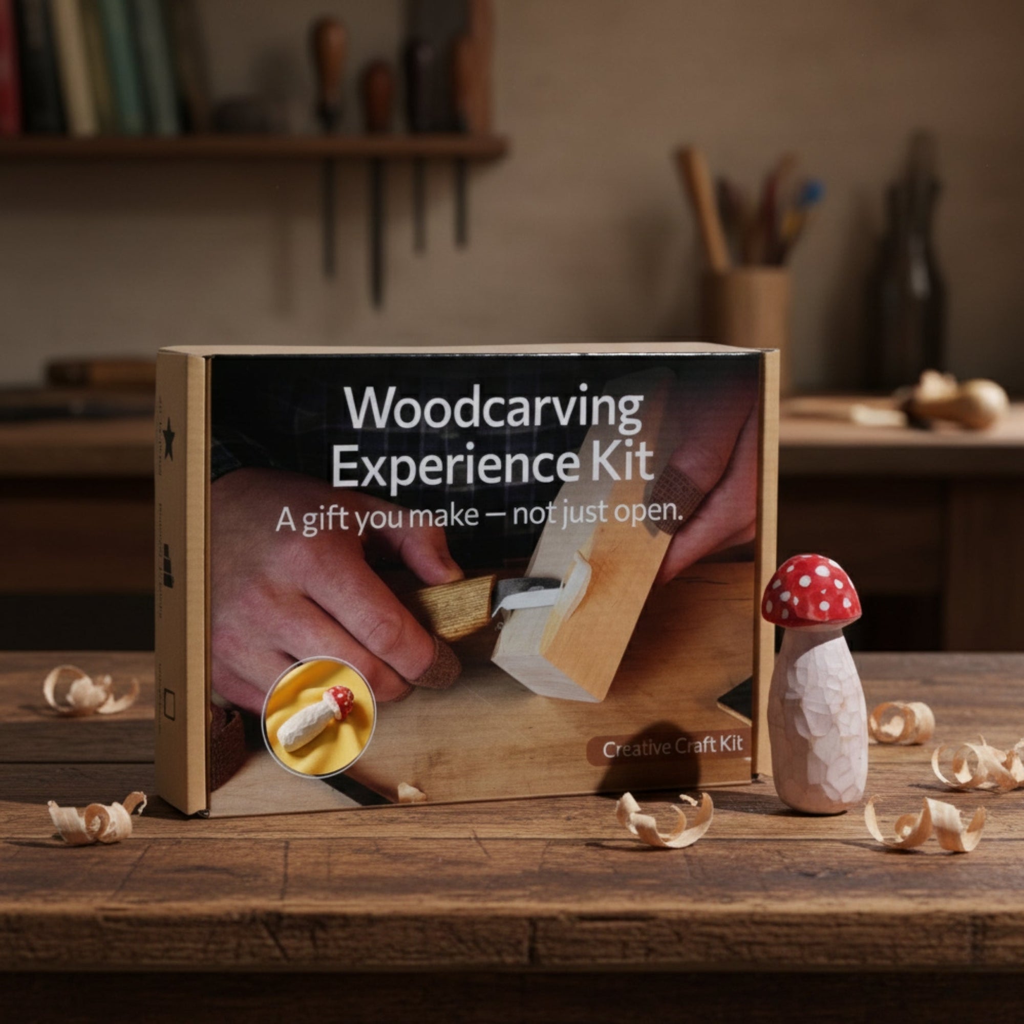 DIY Mushroom Wood Carving & Painting Kit with wooden blank, carving knife, paints, brushes, and tutorial