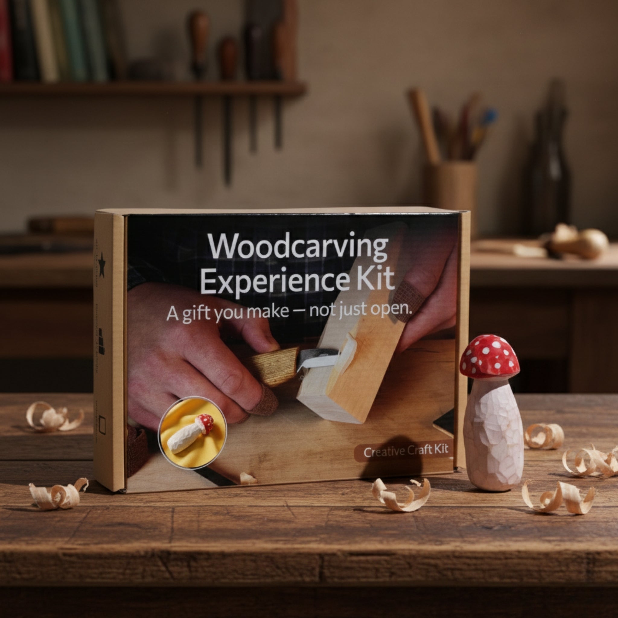 DIY Mushroom Wood Carving & Painting Kit with wooden blank, carving knife, paints, brushes, and tutorial