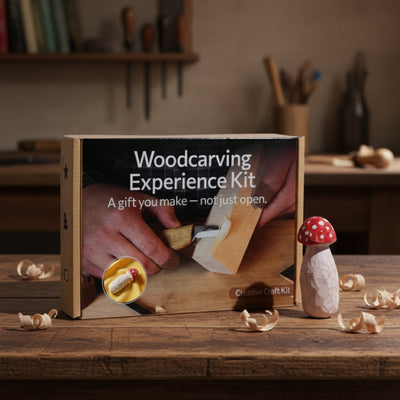 DIY Mushroom Wood Carving & Painting Kit with wooden blank, carving knife, paints, brushes, and tutorial