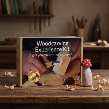 DIY Mushroom Wood Carving & Painting Kit with wooden blank, carving knife, paints, brushes, and tutorial