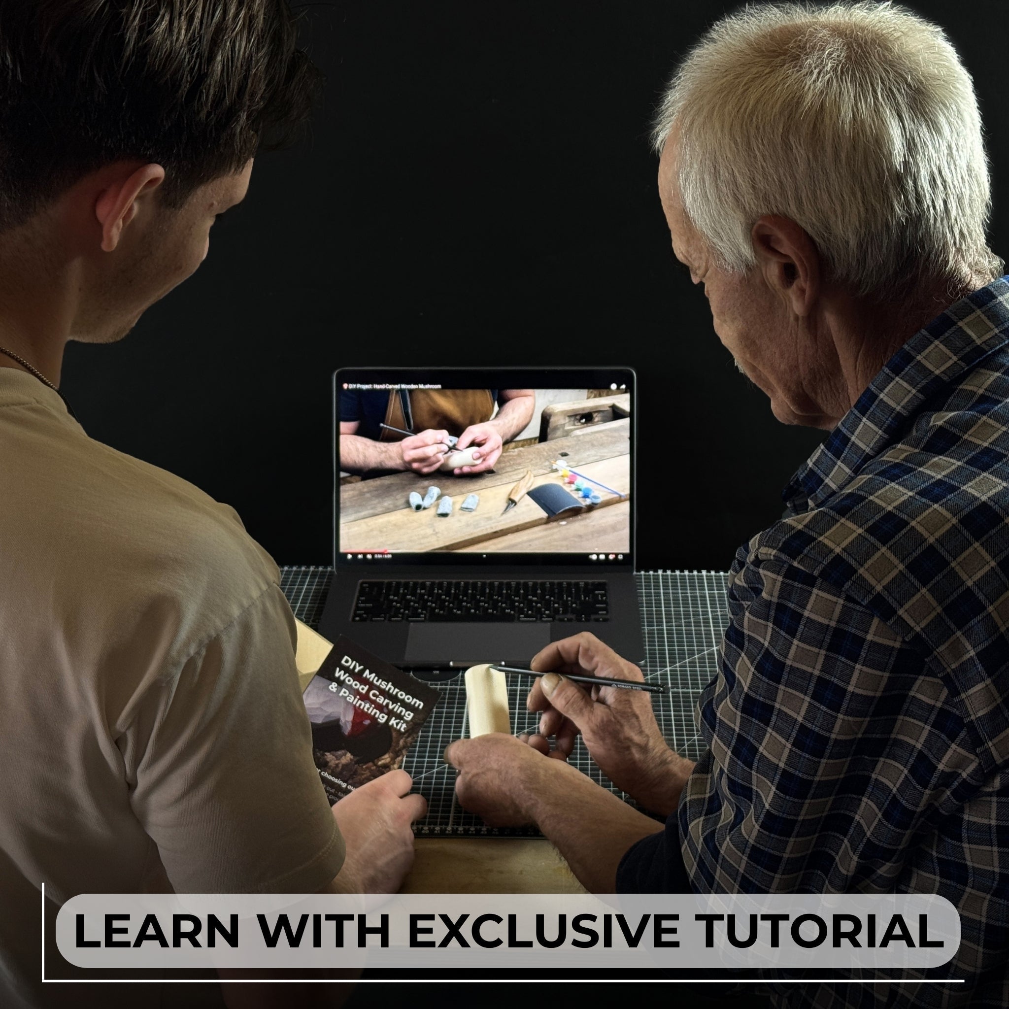 DIY Mushroom Wood Carving & Painting Kit with wooden blank, carving knife, paints, brushes, and tutorial