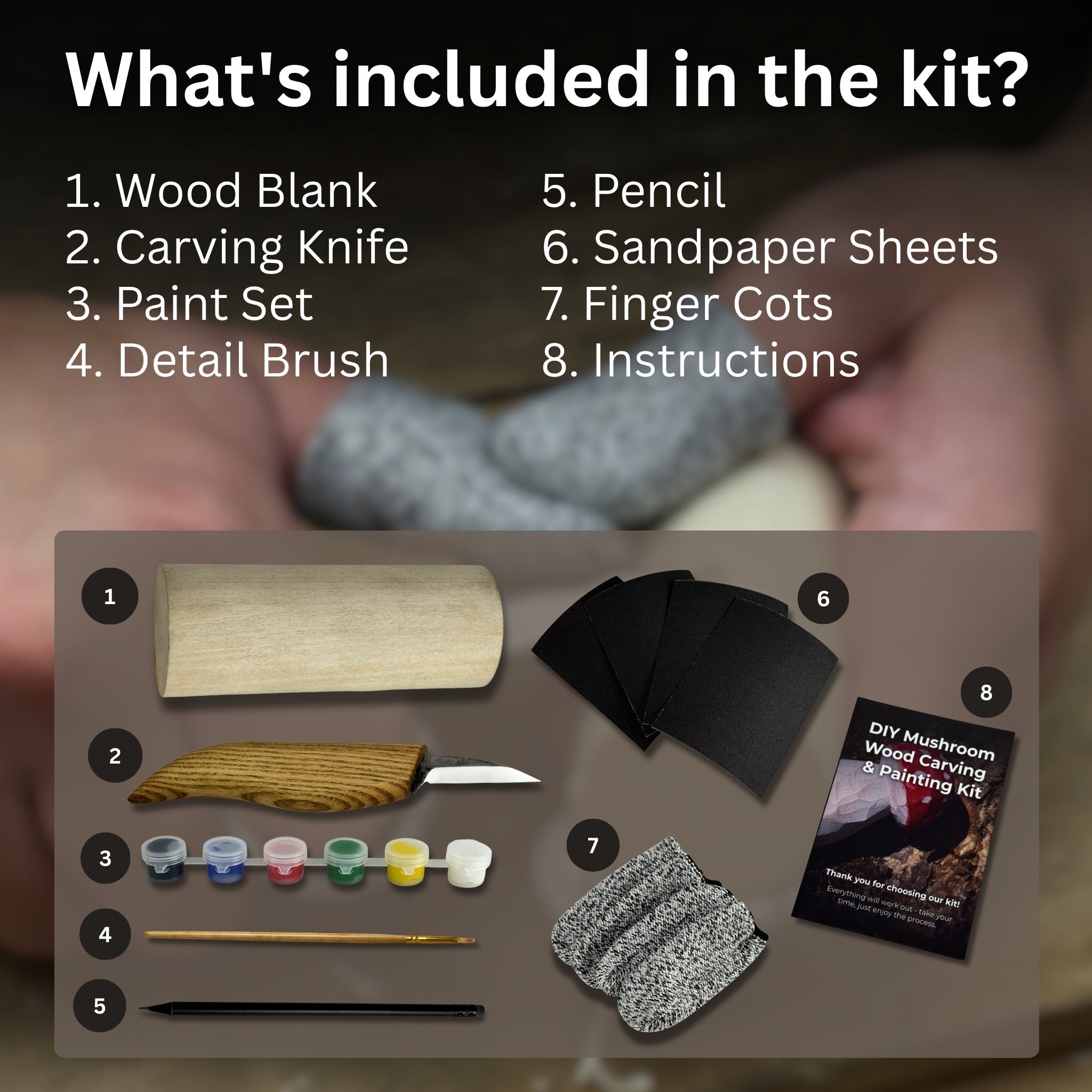 DIY Mushroom Wood Carving & Painting Kit with wooden blank, carving knife, paints, brushes, and tutorial